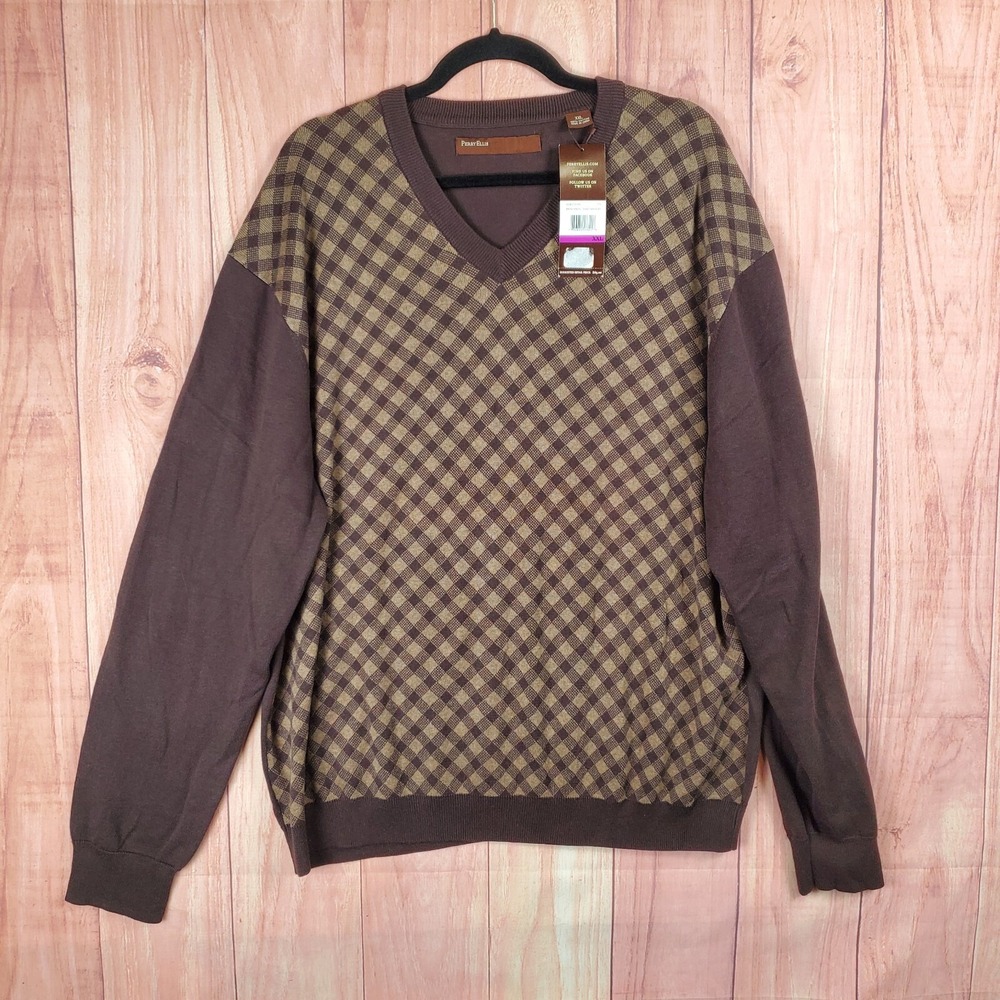 Perry Ellis Mens Pullover Sweater Sz 2XL Slim Argyle Diamond Print V-Neck NEW